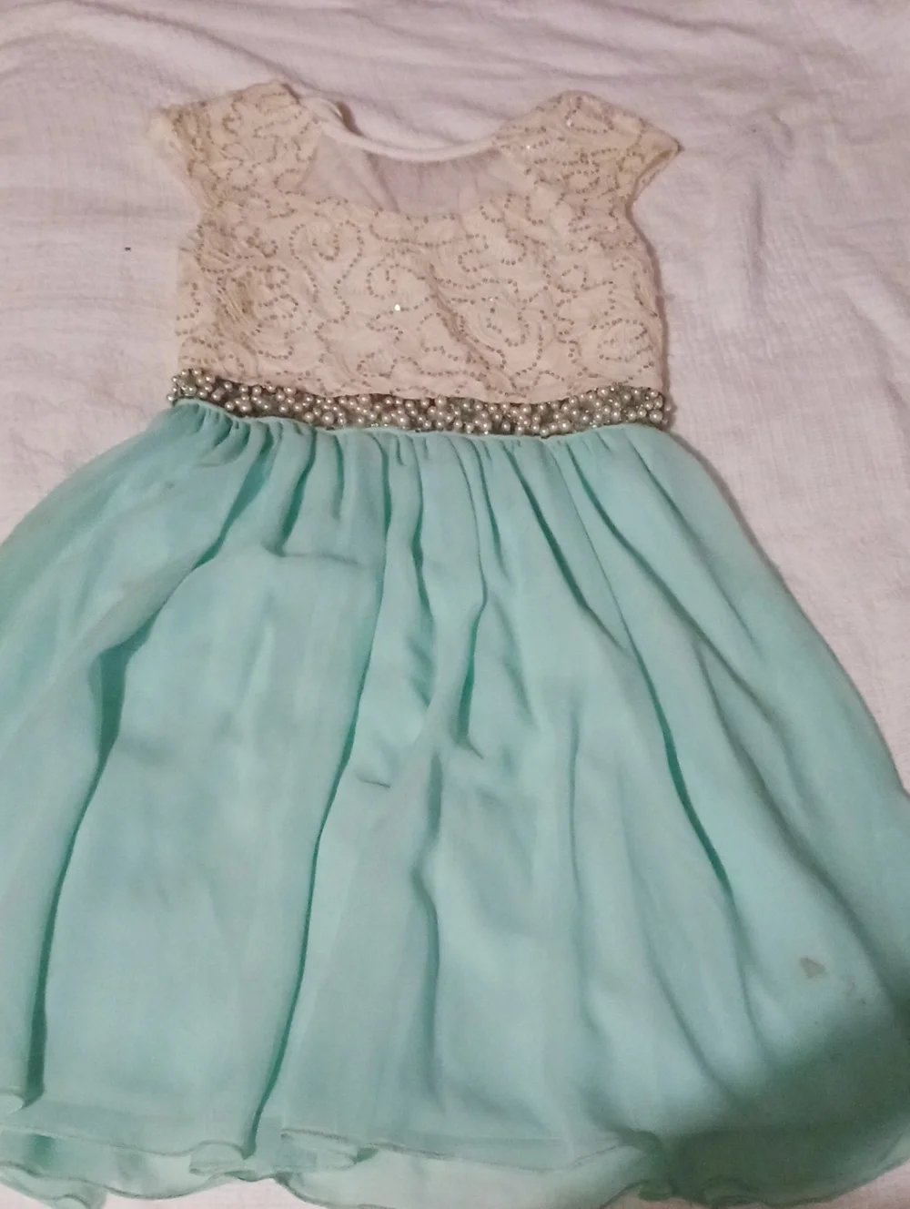 Speechless Ivory Lace Top Mint Chiffon Dress with Pearl Waist